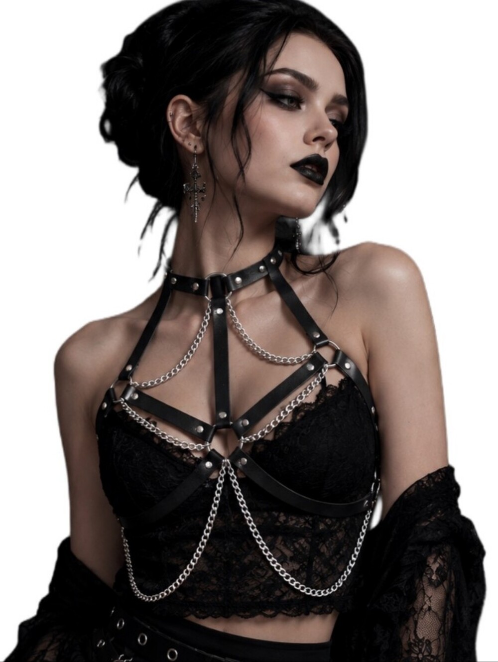 Women's Gothic Faux Leather Harness with Silver Chains - Black